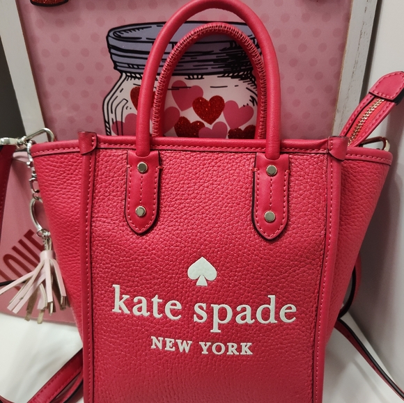 💕NWOT Kate Spade Pebbled Leather Ella Mini Tote, Bikini Pink & White Crossbody - Picture 13 of 13